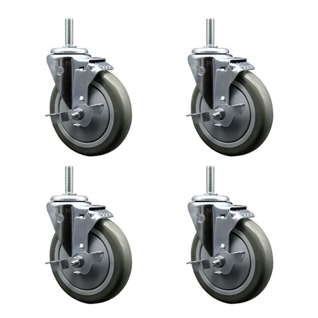 Service Caster 5 Inch Gray Polyurethane Wheel Swivel 58 Inch Threaded Stem Caster Set with Brake SCC SCC-TS20S514-PPUB-TLB-58212-4